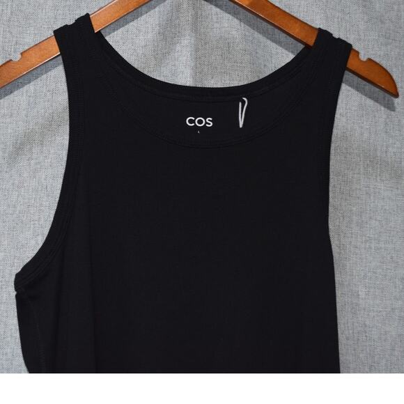 COS Black Ribbed Tank Dress Size L Minimalist Sleeveless Cotton Blend - Picture 2 of 4